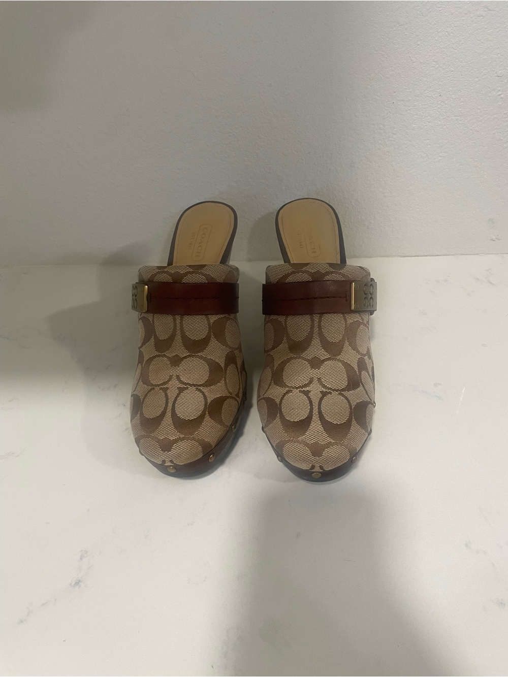 Coach Tan Signature Canvas Slip-On Mules with Brown Leather Strap